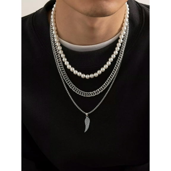 EOEMY 3Pcs Men Faux Pearl Decor Necklace For Men Jewelry For Men Jewelry Gift Fashion-Default