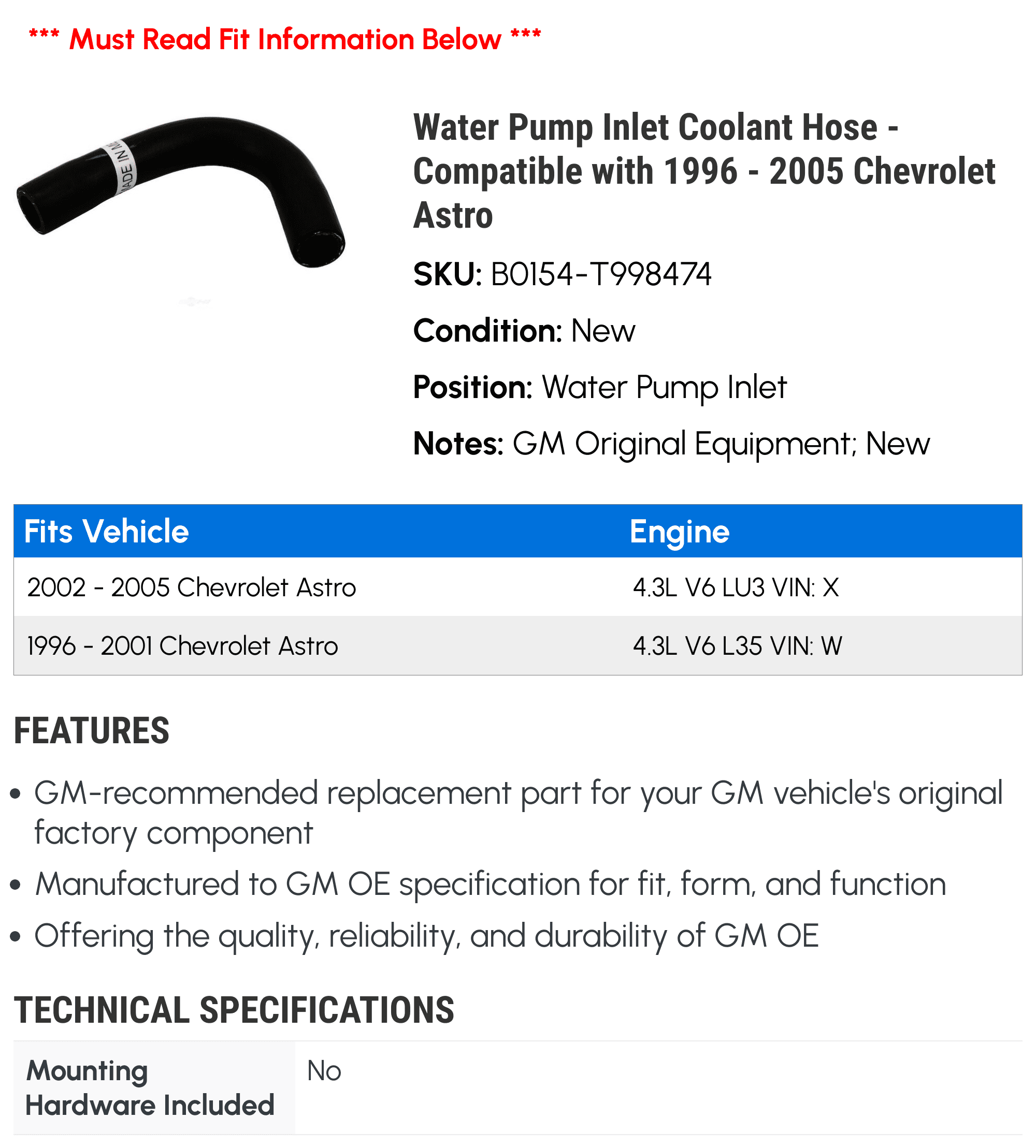 Water Pump Inlet Coolant Hose - Compatible with 1996 - 2005 Chevy Astro 1997 1998 1999 2000 2001 2002 2003 2004