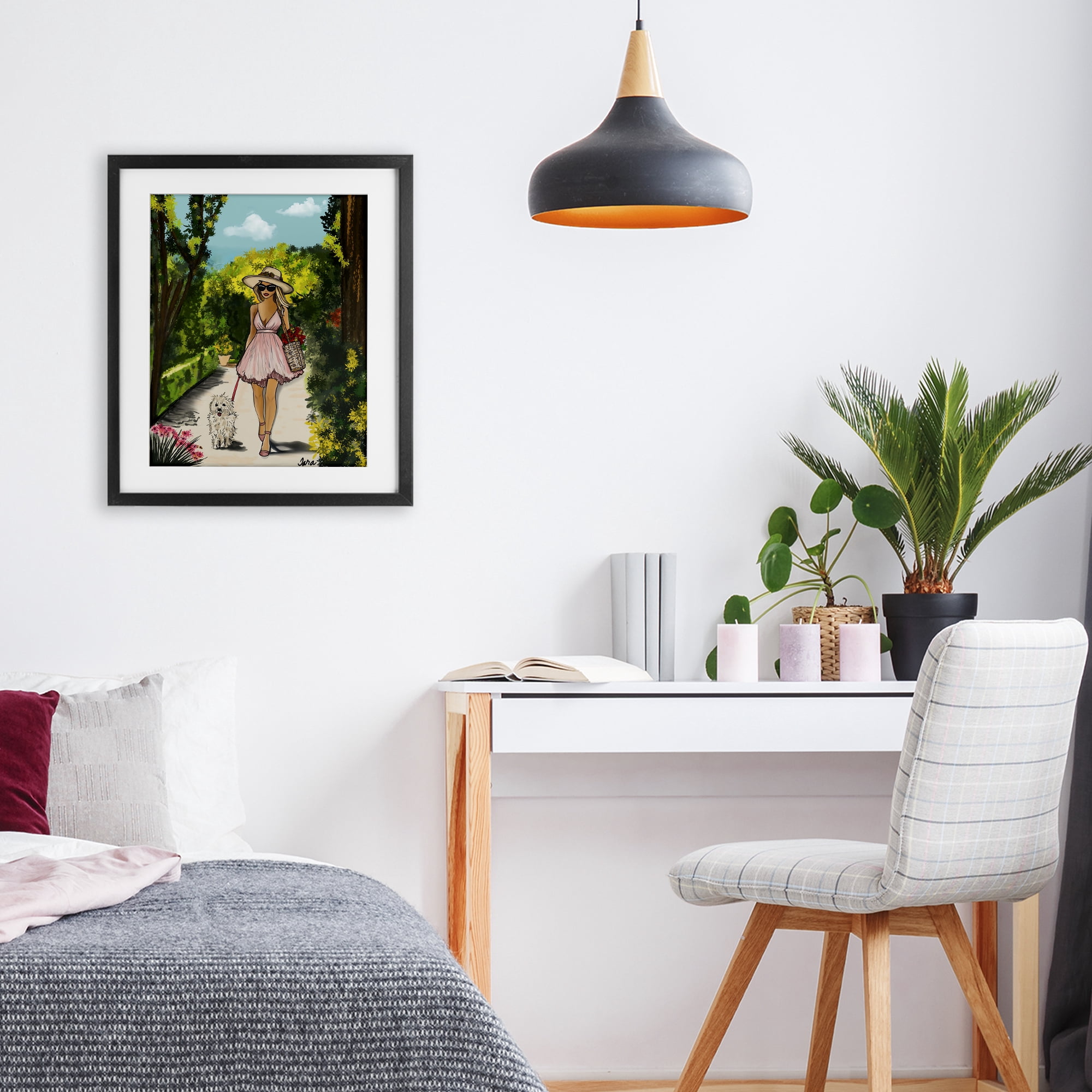 Stupell Industries Garden Girl Strolling with Pup Black Framed Print Under Glass, design by Tara Boone