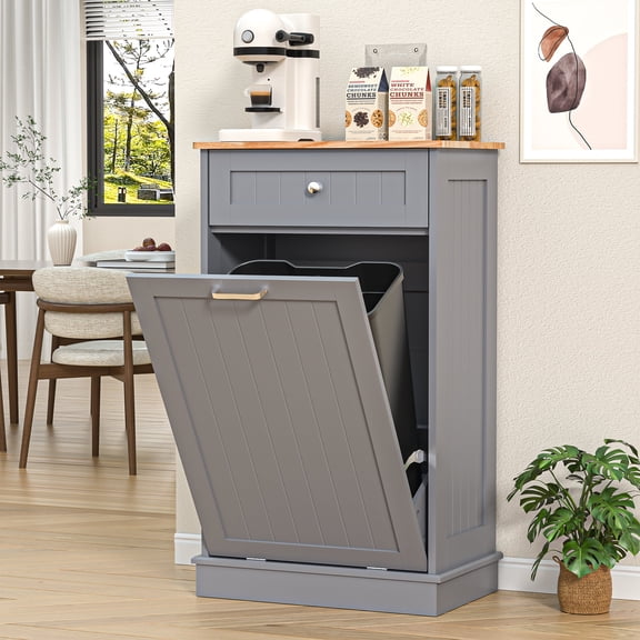 AHB 13 Gallon Single Tilt Out Trash Cabinet with Drawer, Freestanding Kitchen Trash Can Storage Organizer, 20.9"L x 13.55"W x 38.5"H, Gray