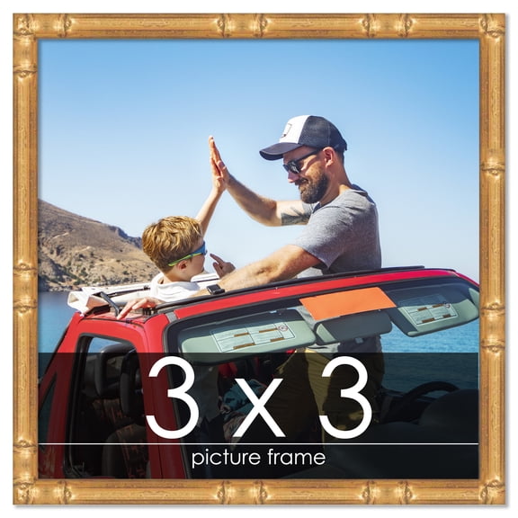 3x3 Gold Thin Bamboo Picture Frame - UV Acrylic, Foam Board Backing, Hanging Hardware