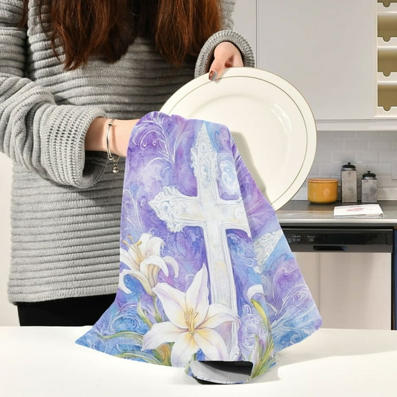BZSMCE Kitchen Towels Creative Easter Cross Paining Pattern Durable Kitchen Towel