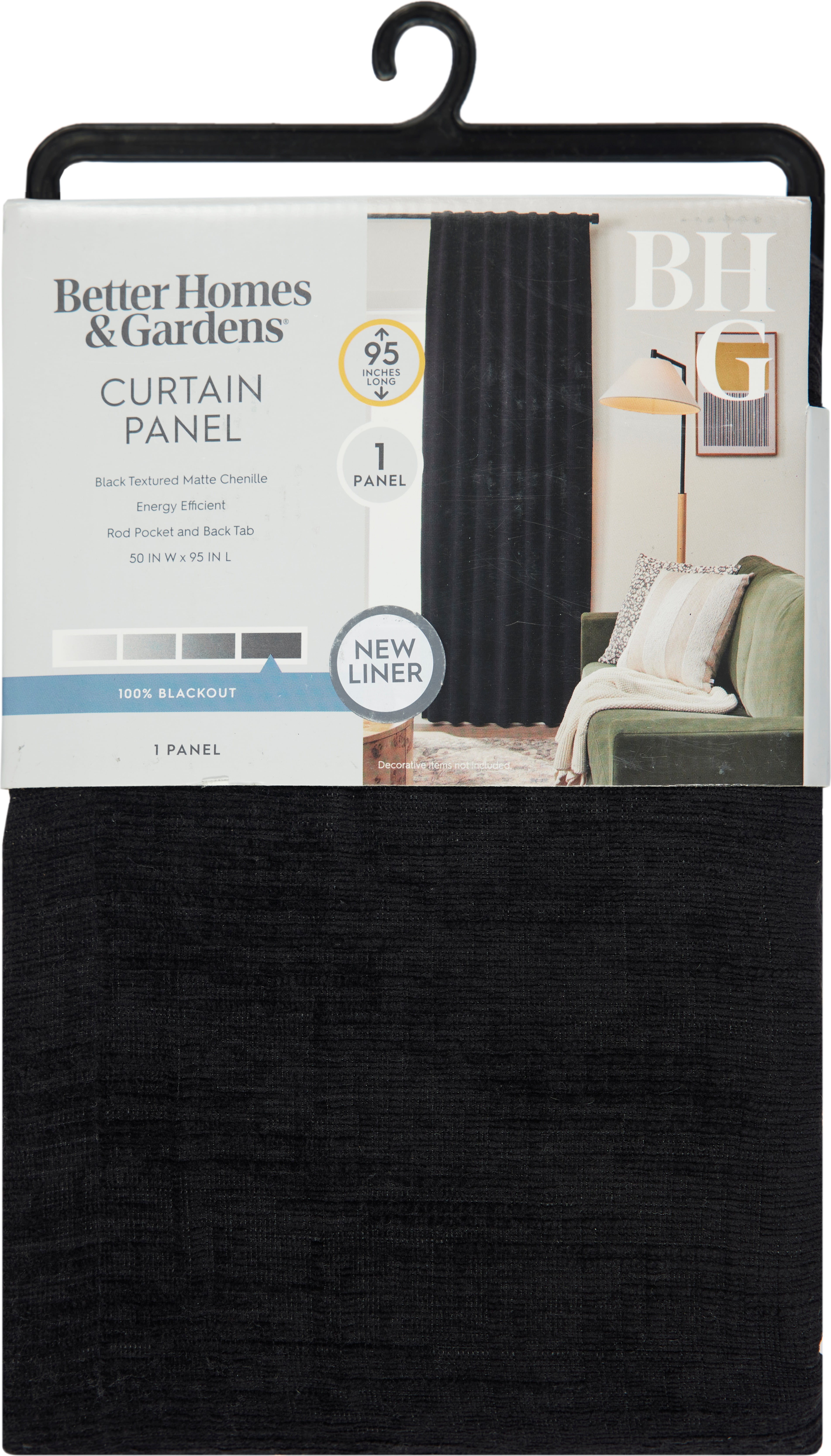 Better Homes & Gardens Textured Solid Chenille Blackout Single Curtain Panel, Black, 50"W x 95"L