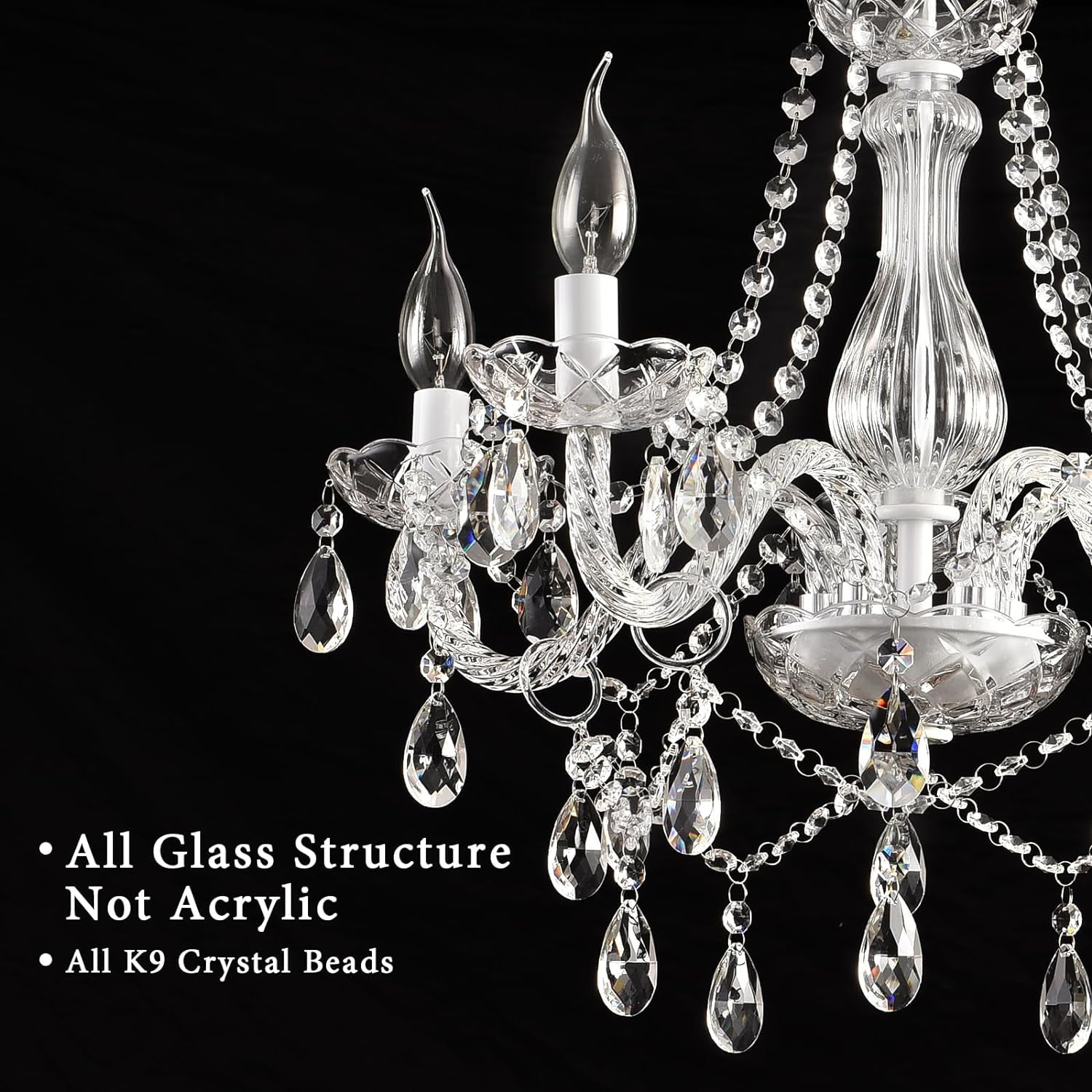 DIMMABLE Plug-in Chandelier 5 Light Crystal, White Hanging Pendant Light Fixture K9 Crystals Beads