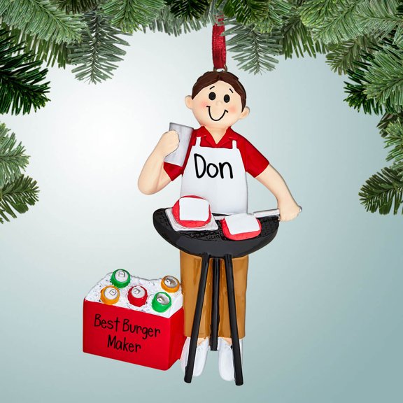 Burger Grilling Dad - Personalized Christmas Ornament - Outdoor BBQ - Hamburgers - Hot Dogs - Steaks - Great Gift Ideas