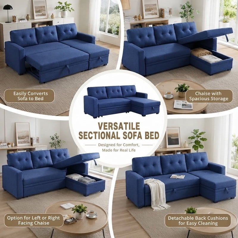 82" L-Shaped Convertible Sleeper Sectional Sofa with Pull-Out Bed, Storage Chaise, Removable Back Cushions, Modular Corner Couch for Living Room, Apartment, Home Office
