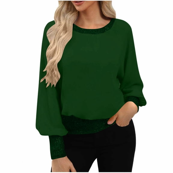 aohooy Women's Sequin Tops Sparkle Long Sleeve Blouses Elegant Dressy Formal Chiffon Shirt Shimmer Glitter Patchwork Party Tunics Green,M