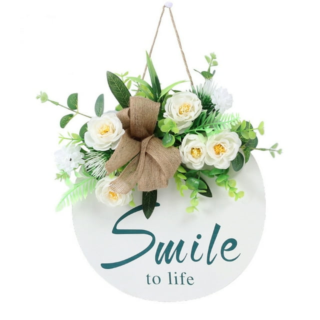 Coofit Welcome Sign Wooden Round Artificial Flower Front Door Decor Door Hanging Sign
