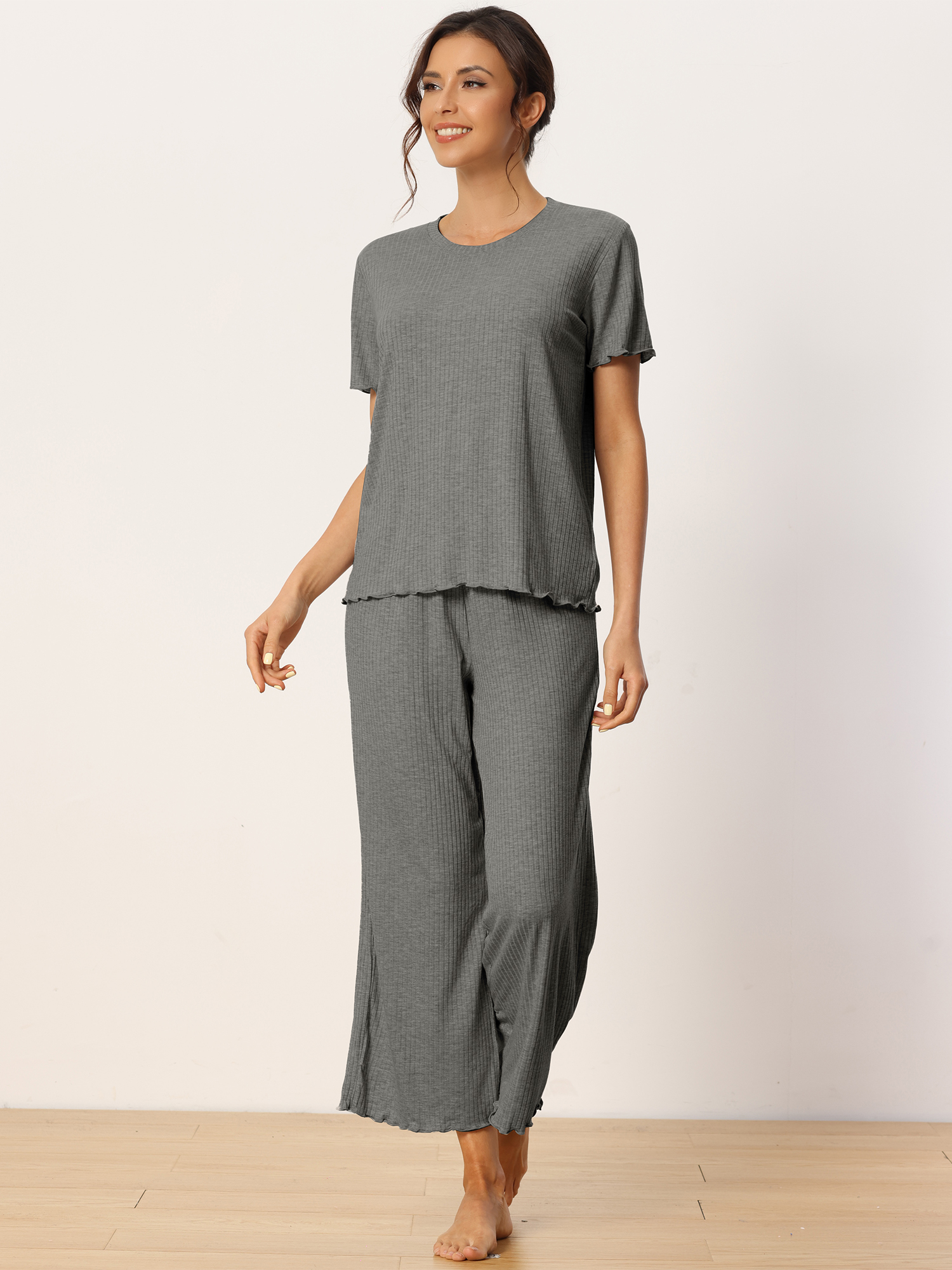 DARING DIVA Women's Ribbed Knit Round Neck Short Sleeve Pajamas Set S Dark Grey