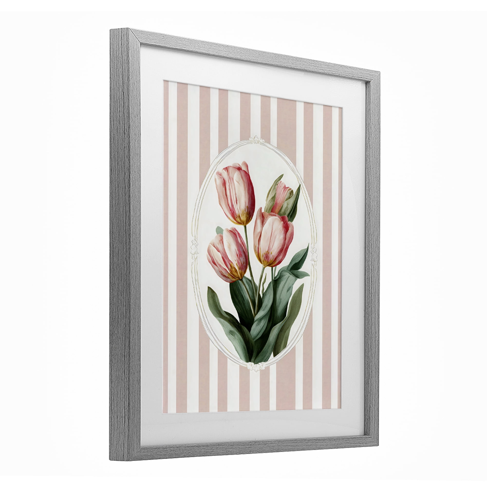 Stupell Industries Vintage Tulips on Stripes Gray Framed Print Under Glass, design by Ink Drop Loft