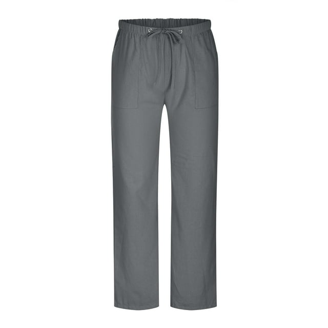 RKSTN Pants for Men Solid Color Casual Elastic Waist Trousers Cotton and Linen Loose Drawstring Pants with Pockets
