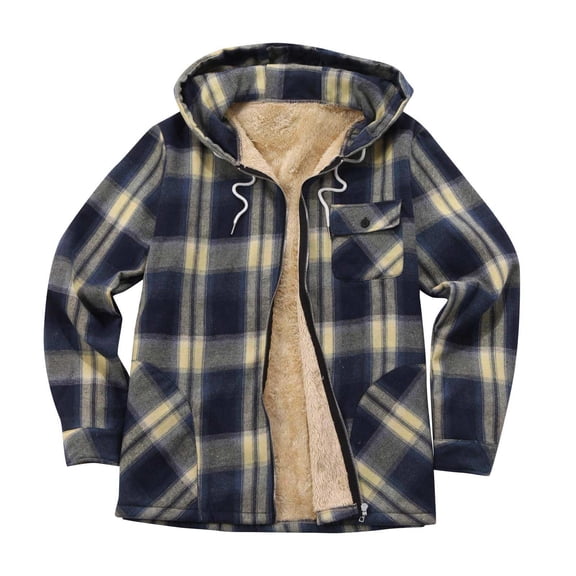 Men's Full Zip Fleece Flannel Jackets Shirt Plaid Sherpa Lined Cotton Hoodies Soft Warm Coat for Men with Hood
