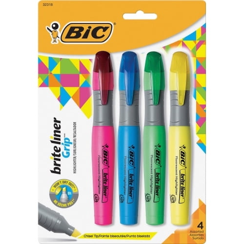 BIC Brite Liner Fluorescent Highlighters Chisel Marker Point Style - Fluorescent Assorted - 4 / Set