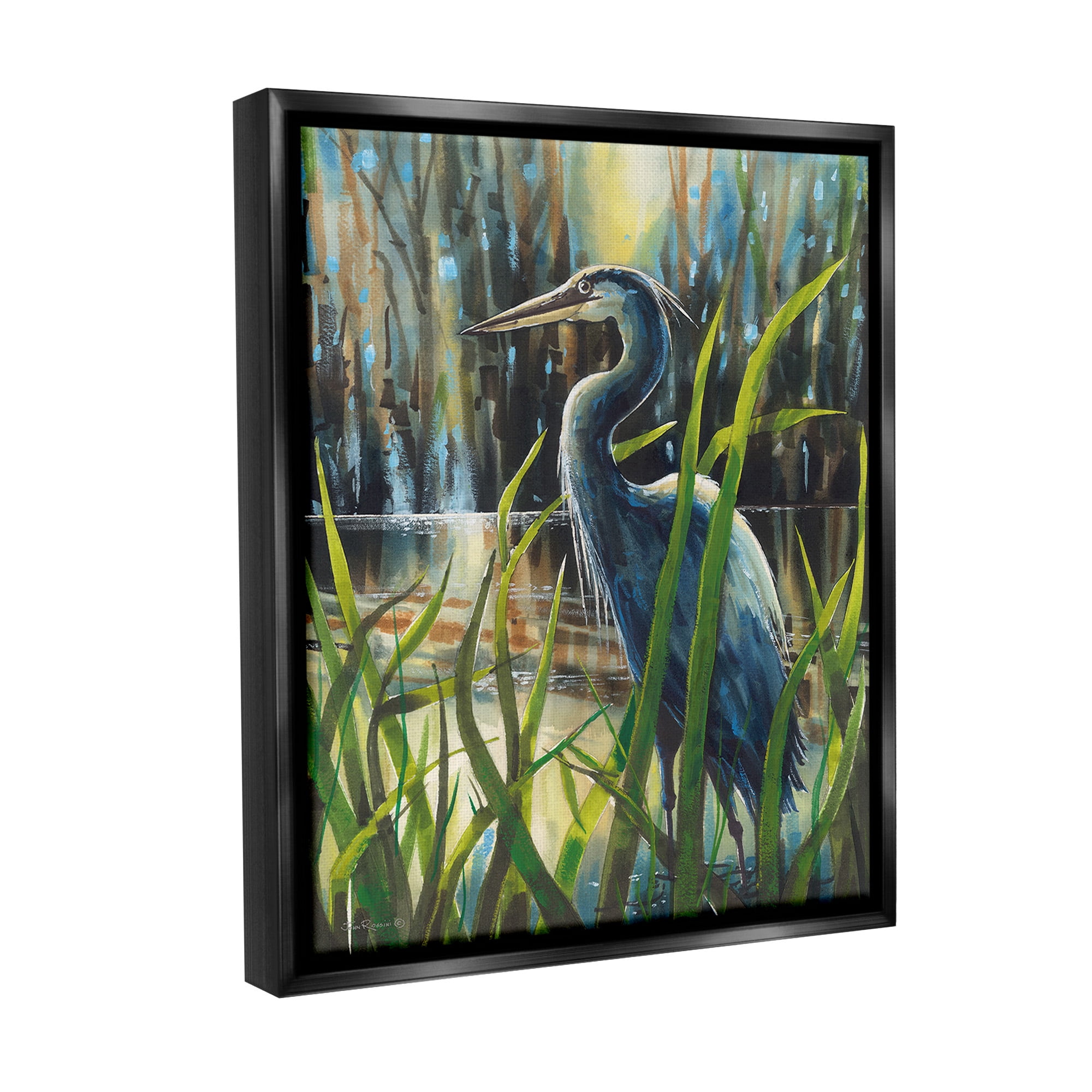 Stupell Industries Heron Between Pond Reeds Animals & Insects Painting Black Floater Framed Canvas Art Print Wall Art, 25 x 31