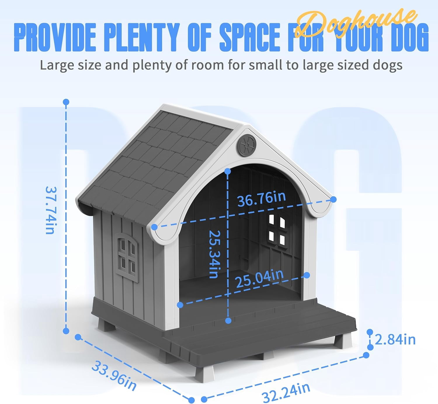 ZUCONKITCH Indoor/Outdoor Elevated Dog House with Porch, Weather-Resistant Pet Shelter with Sloped Roof & Ventilation, Durable Dog Kennel for Medium to Large Dogs