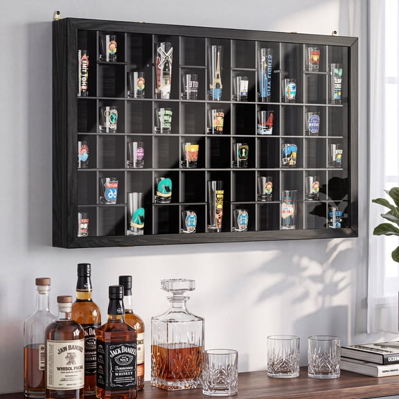 Shot Glass Display Case, Wall Mounted Display Cabinet With Lockable Acrylic Door, 8 adjustable shelves Most 56-Glass Capacity,Black