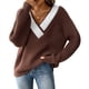 thumbnail image 2 of Suéter de Punto Ligero de Larga para Mujer, con Cuello en V y Costuras en Contraste. Café M, 2 of 9