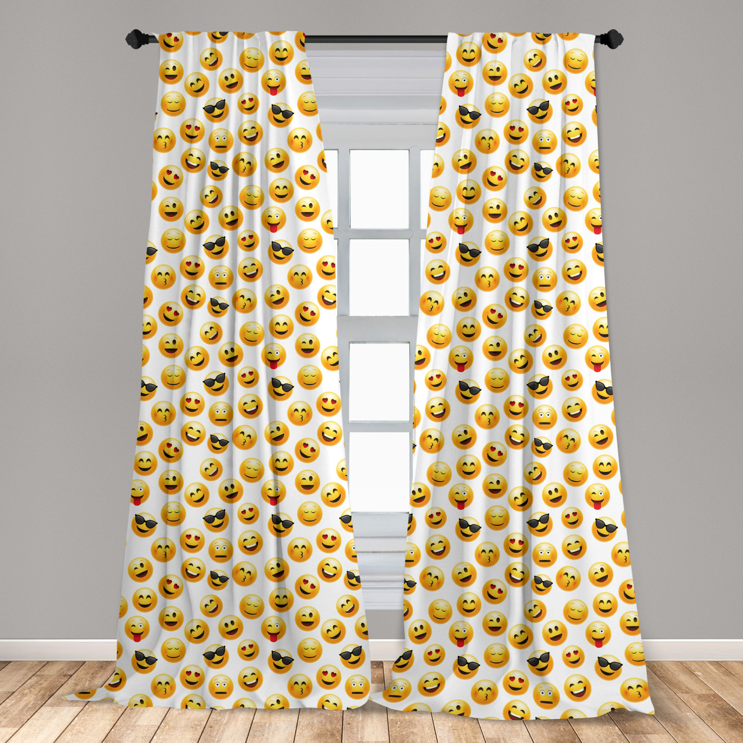 Emoji Curtains 2 Panels Set, Smiley Face Character Illustration Feeling
