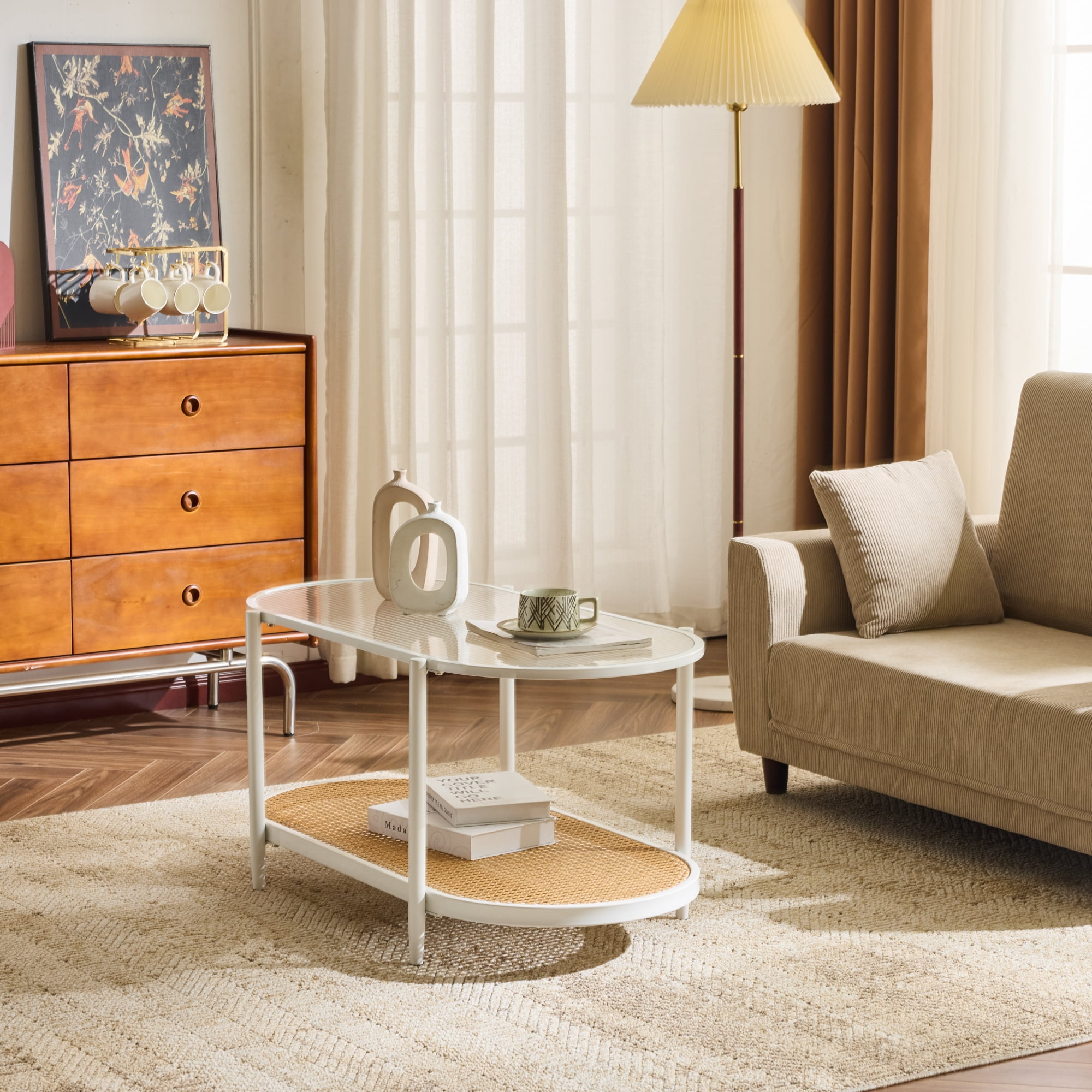 Ktaxon Mid-Century Coffee Table, Long Narrow Center TV Stand Console Table for Living Room, Antique Furniture, White