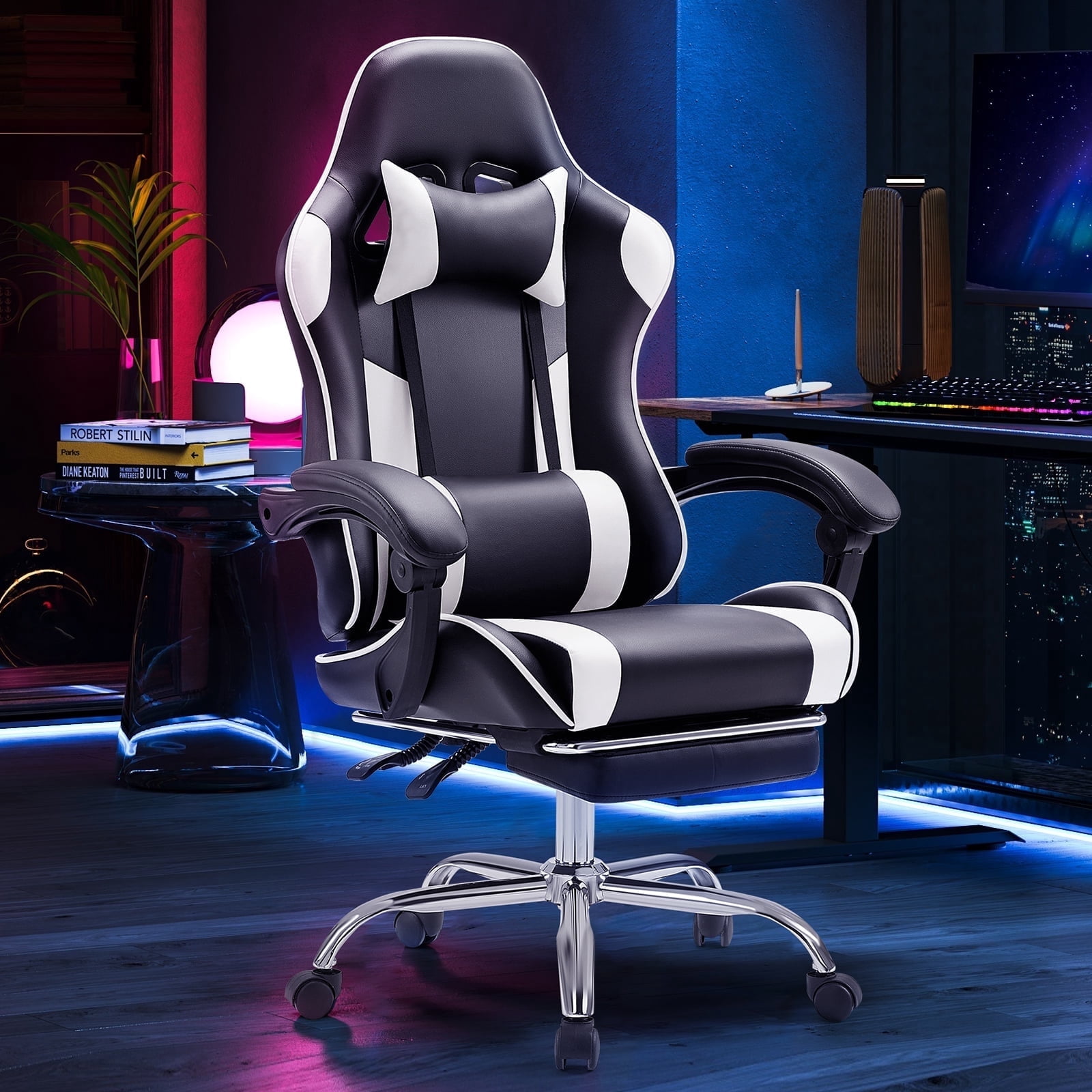 CONCETTA Computer Chair with Footrest and Lumbar Support, Home Offfice Chair, Black and White