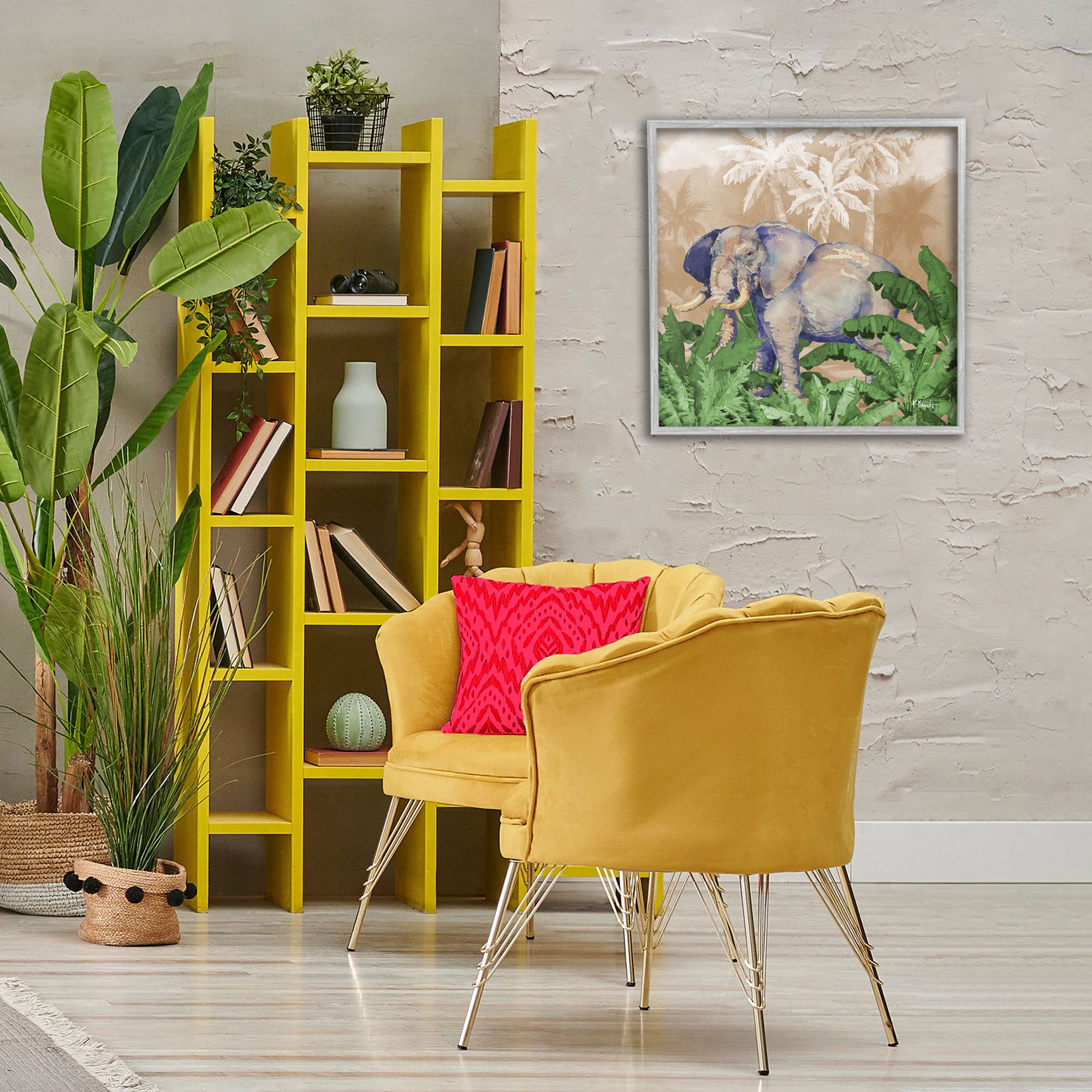 Stupell Industries Jungle Life Elephant Animals & Insects Painting Gray Framed Art Print Wall Art, 24 x 24