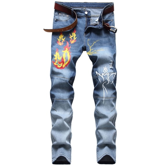 Ginsiom Mens Jeans Slim Fit Stretch Skinny Straight Leg Printed Denim Pants
