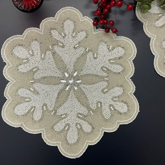 Set of 6, Christmas Beaded Placemat, handmade, Silver and white, 14inch