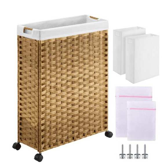Laundry Hamper with Wheels, 66L Slim Laundry Basket with 2 Removable Liner Bags & 2 Mesh Bags, Narrow Dirty Clothes Basket, Handwoven Rattan Organizer in Bathroom, Bedroom, Natural