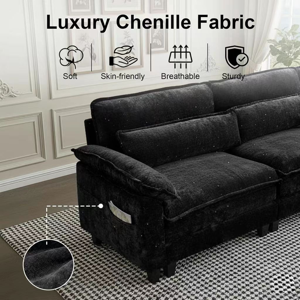 Howcool 113" Modular Sectional Sofa, L-Shaped 3 Seater Cloud Couch with Movable Ottoman, Deep Seat Chenille Sofa with USB Charging Ports & Side Pockets for Living Room, Black