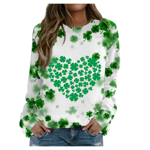 QIPOPIQ Chandails à Manches Longues pour Femmes T-Shirts de la Saint-Patrick Shamrock T-Shirt Chemise Verte Tee T-Shirts de la Saint-Patrick Tunique Col Rond Hauts Amples Chandail T-Shirts des Fêtes T-Shirts Graphiques Aubaines