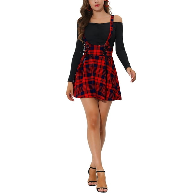 Unique Bargains Women's A-Line Mini Suspender Skirt, Red Plaid, L