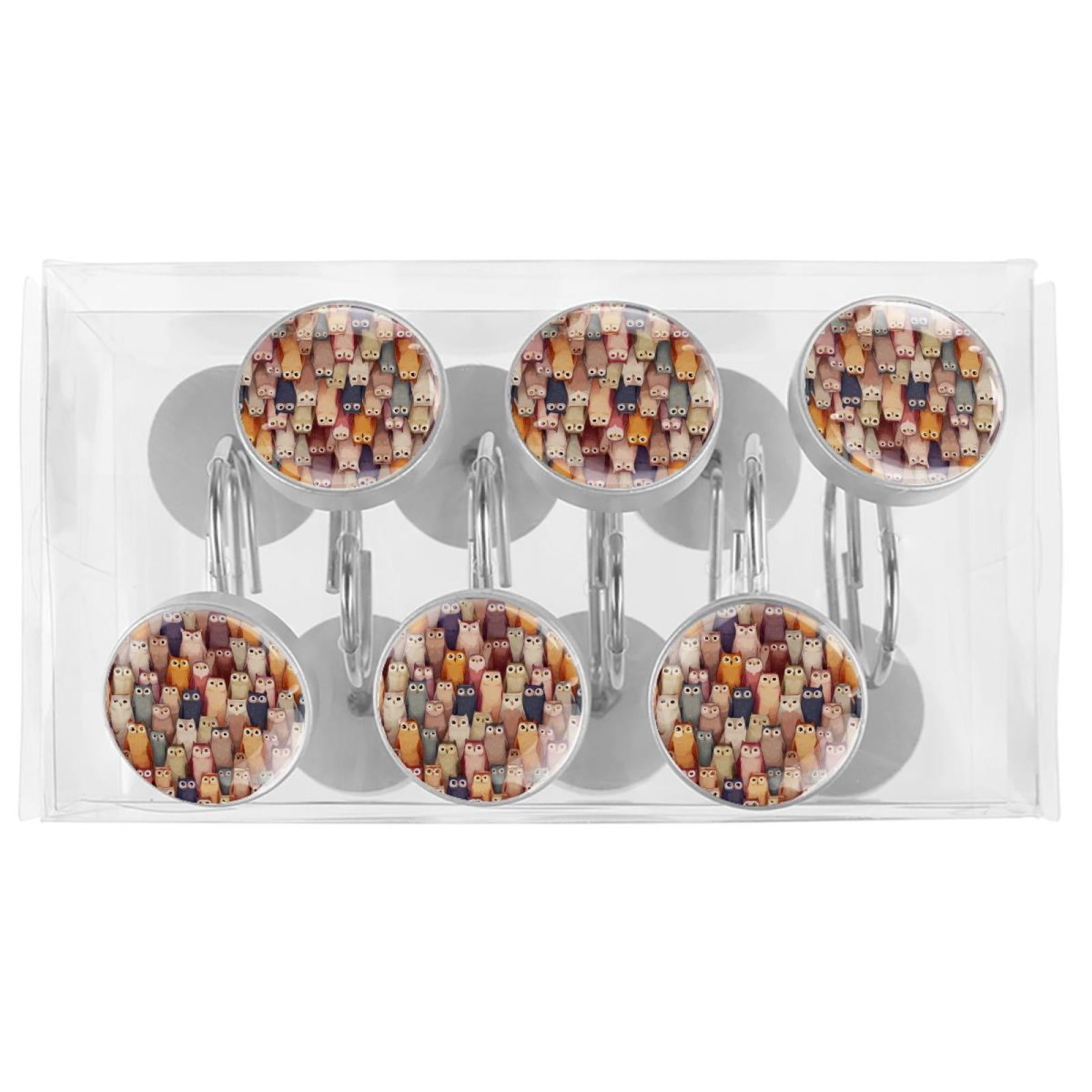 12pcs Decorative Shower Curtain Hooks, Rust Resistant Shower Rings for Bathroom Living Room,Rustproof Stainless Steel Rings for Shower Curtain and Liner Rods,Owls Background