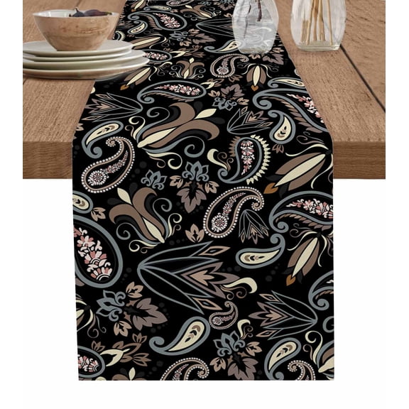 Boho Black Floral Table Runner 108 Inches, Farmhouse Botanical Vintage Paisley Flower Bed Runner Dresser Scarves Tabletop for Indoor Outdoor Parties/Ceremony/Banquet, 13"x 108"