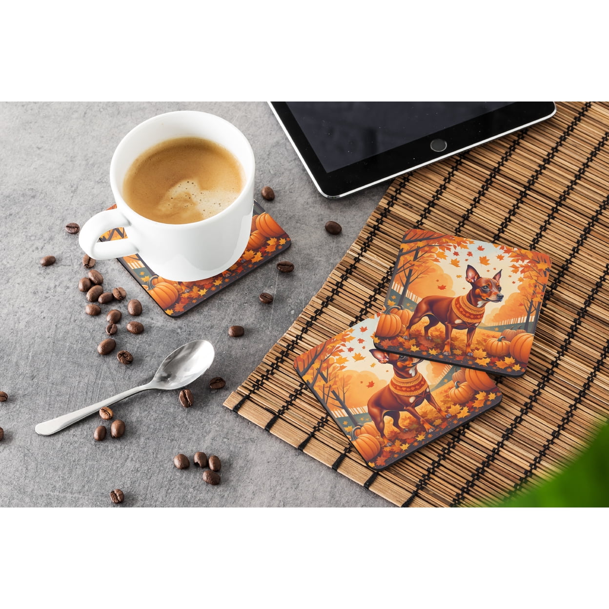Red Miniature Pinscher Fall Foam Coaster Set of 4 3.5 in x 3.5 in