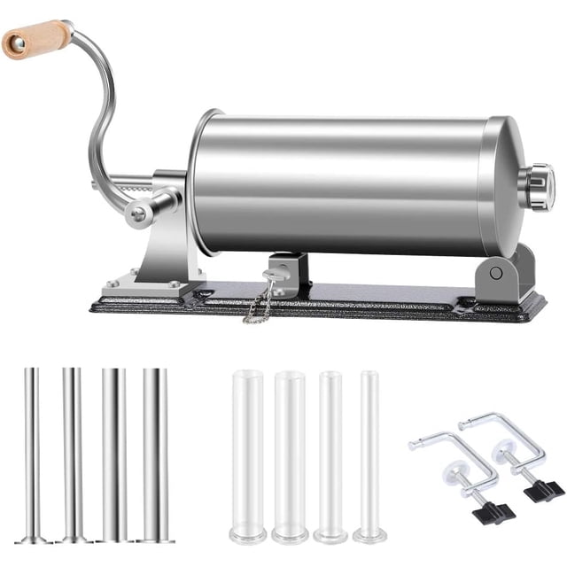 MASTER FENG Sausage Stuffer - Stainless Steel Homemade Manual Sausage Maker Horizontal Meat Filling Kitchen Machine, Packed 8 Stuffing Tubes (6 LBS /3.5L Horizontal)