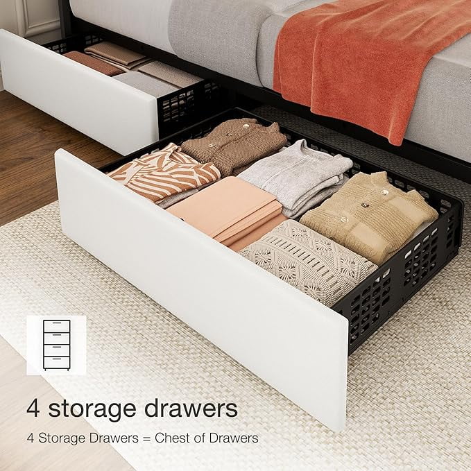 QUEEN Size Storage Bed Frame, Vertical Channel Tufted Adjustable Headboard, Linen Upholstered Platform Bed with 4 Oversized Underbed Drawers, Wooden Slats Support, No Box Spring Needed, Noise-Free