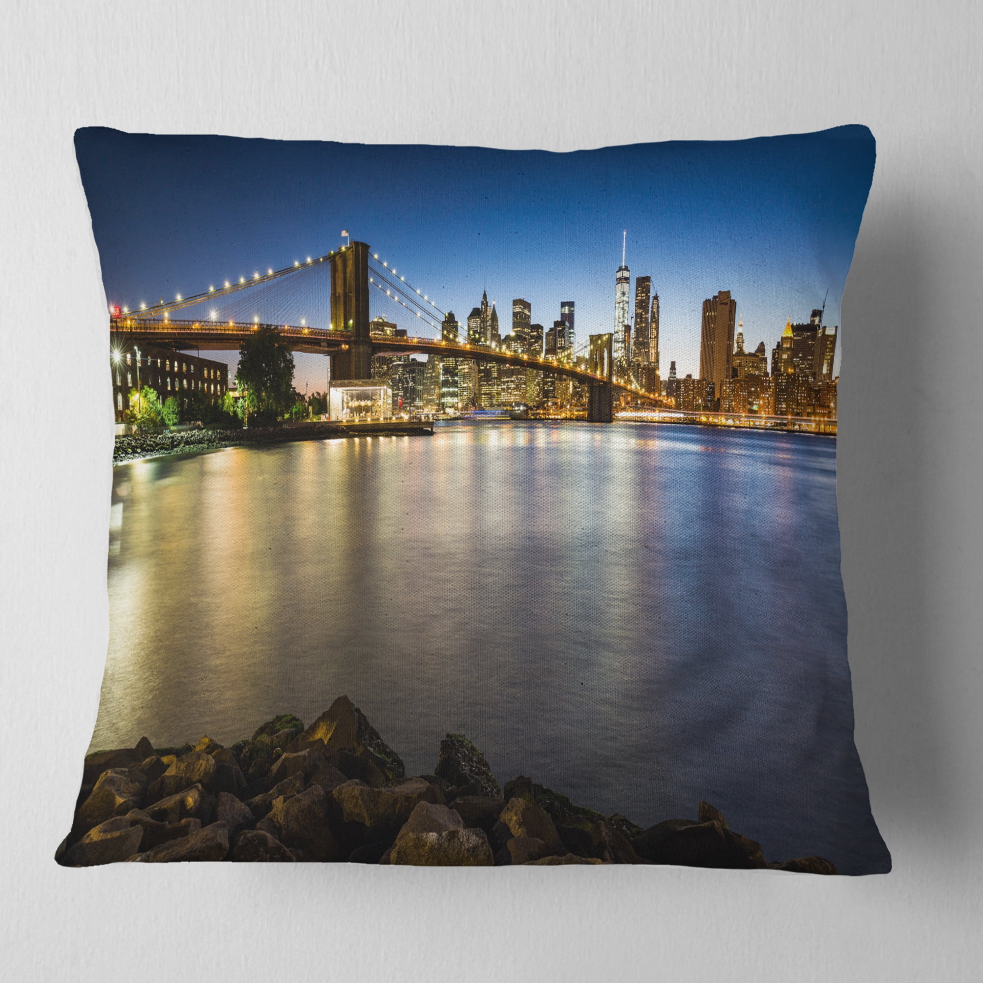 Designart Distant View of Brooklyn Bridge - Cityscape Throw Pillow - 16x16