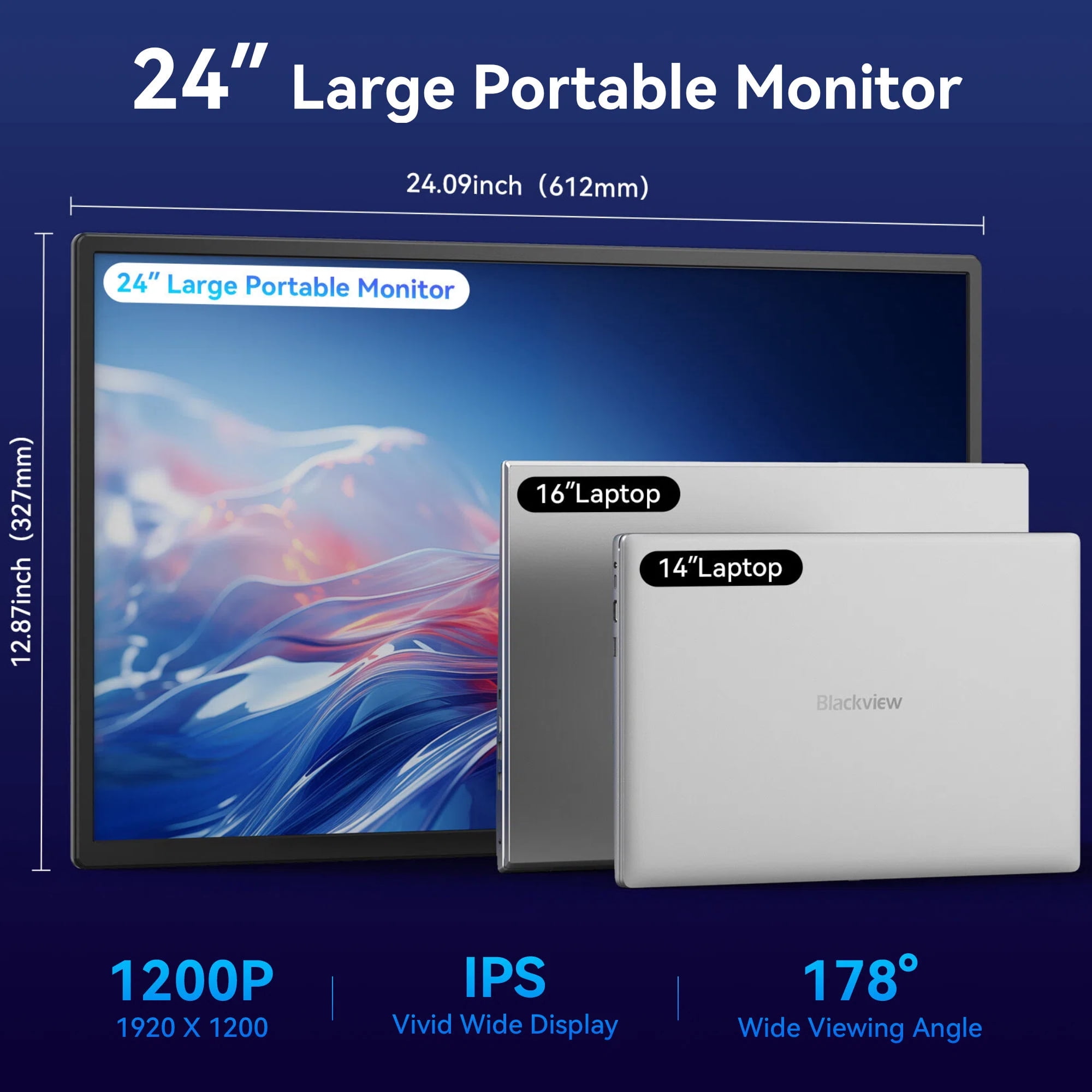 Blackview 24 inch Large Portable Monitor, 100Hz Gaming Monitor, 1200P IPS FHD Laptop Screen Extender, USB-C HDMI Travel Second Monitor for Laptop,MacBook,Desktop,PC,PS4/5, with Adjustable Stand&VESA