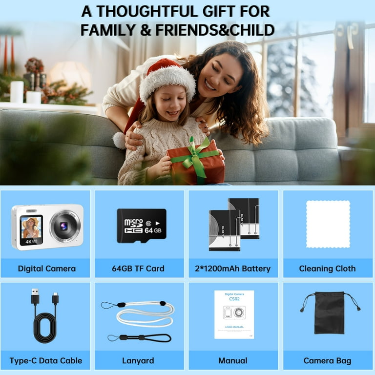 Froura 4K Digital Camera 64MP, Dual Screen, 18X Zoom, 64GB SD Card