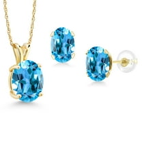 Gem Stone King 6.20 Ct Oval Swiss Blue Topaz 14K Yellow Gold Pendant and Earrings Jewelry Set