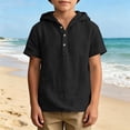 thumbnail image 6 of FSYBOA Boys Cotton Linen T Shirt Size 10-12T, Hooded Casual Short Sleeve Henley Neck Kids Summer Tops Black, 6 of 9