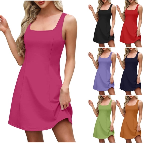 Juslio Women Dresses V-Neck Pleated Midi, Dress Solid Color Loose Casual Sleeveless A-Line Dress