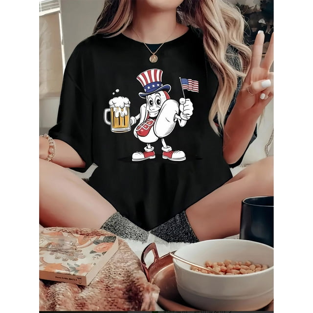 Patriotic Hot Dog Flag Print T-Shirt for Women, Casual Crew Neck Short Sleeve Tee, Knit Polyester Fabric with Medium Stretch, Geometric Pattern, Comfortable All-Season Top