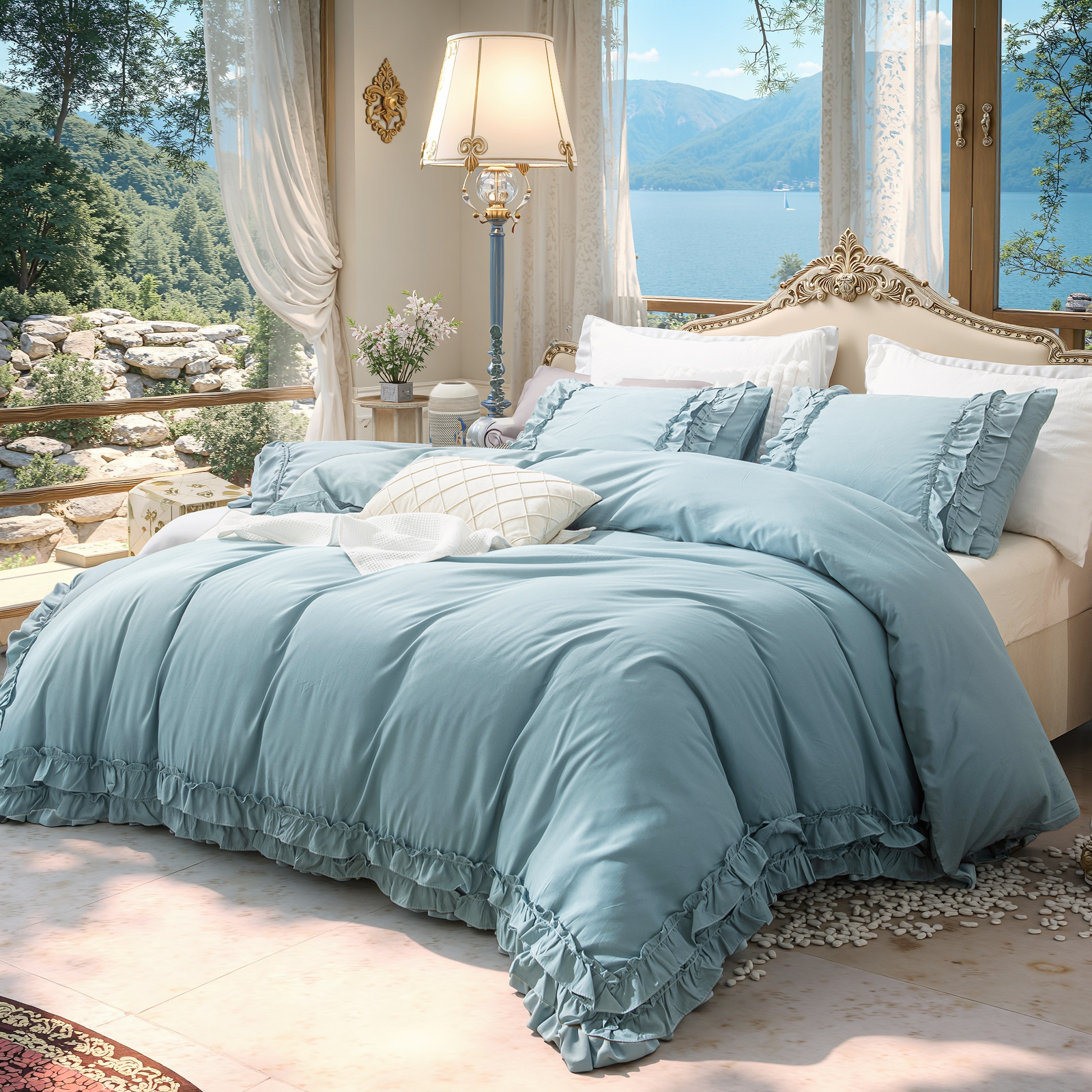 Boho Ruffled Comforter Set Super Soft Cozy Bedding Set with Pillowcases Elegant Chic Bedroom Decor Rustic Farmhouse Quilt Comforter 3 Pcs Set