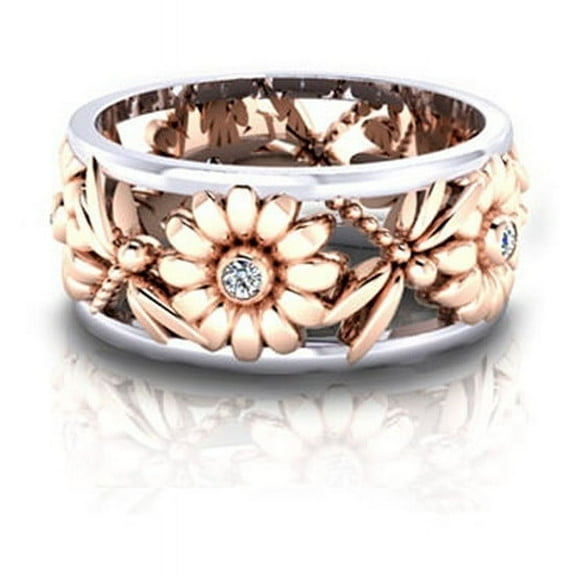 Womens Copper Flower Ring Rose Gold Two Tone Electroplated Gems Sunflower Design With Inlaid Gems Subtle Shine