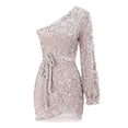 thumbnail image 4 of FEIFLY Women Sequined Short And Long Sleeved One Shoulder Sequined Irregular Dress Solid Color Festival Clothing, 4 of 5