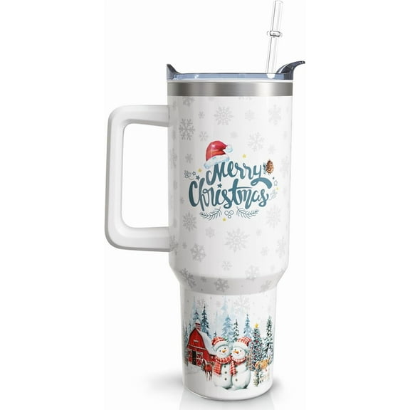 Christmas Tumbler 40 oz Xmas Tumblers with Handle and Straw Farmhouse White Snowman Stainless Steel Insulated Coffee Cups Mugs Holiday Gifts Stuff Decor for Women Girls