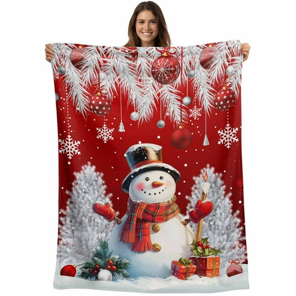 Red Christmas Snowman Throw Blankets, Xmas Balls Snowflakes Pine Branch Soft Fleece Blanket Decorative for Home Sofa Couch Chair Living Bedroom, 50x60 inches,
