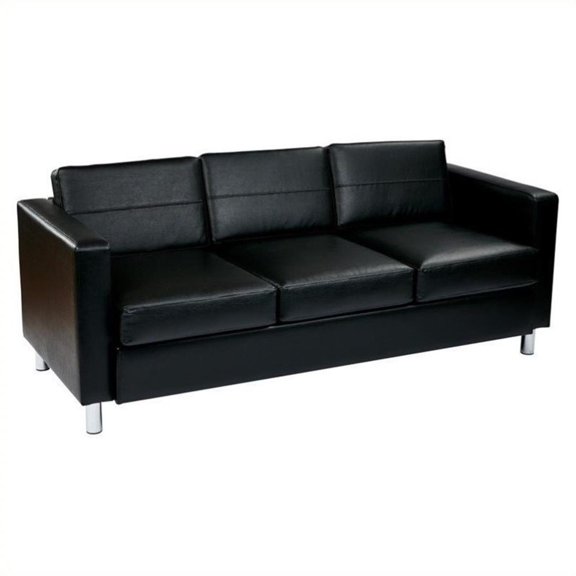 OSP Home Furnishings Pacific Easy-Care Black Faux Leather Sofa Couch with Box Spring Seats and Silver Color Legs