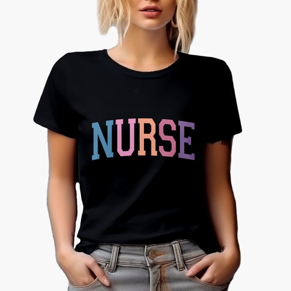Curved Nurse Word, Nurses Week Merch Gift, Black T-Shirt, Small